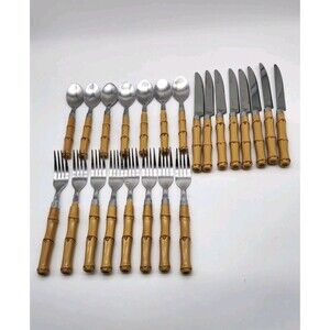 VINTAGE FAUX BAMBOO STAINLESS FLATWARE CHINA 22-piece. Outdoor/Picnic/Camping.
